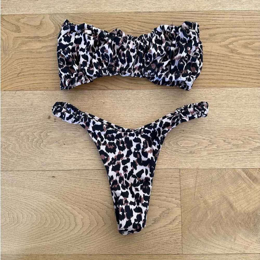 No Brand - Leopard Print Bandeau Bikini Top & Hi Leg Bottoms in Brown & Black